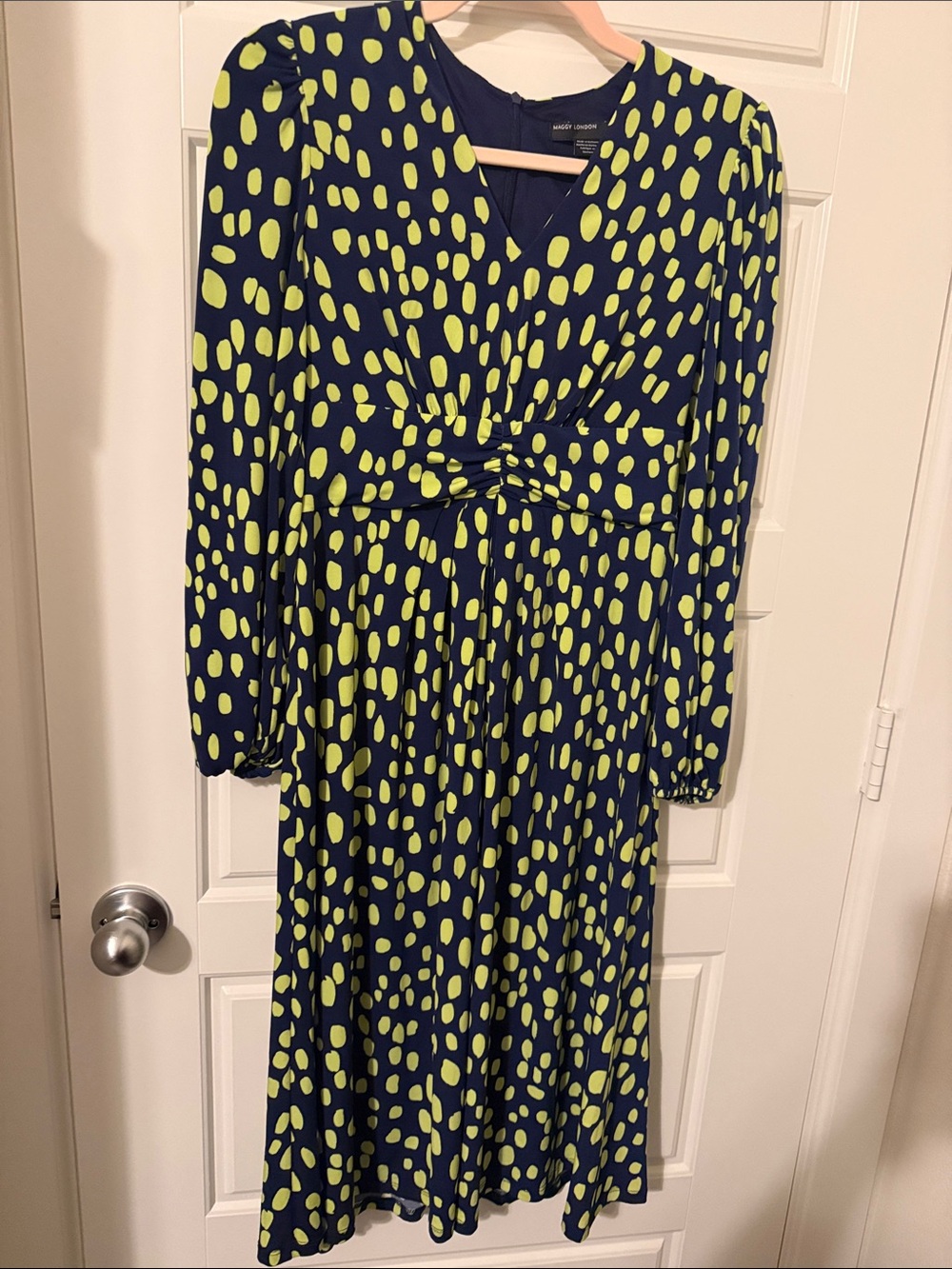 Maggy London Navy and Lime Twist-Waist Long Sleeve Dress